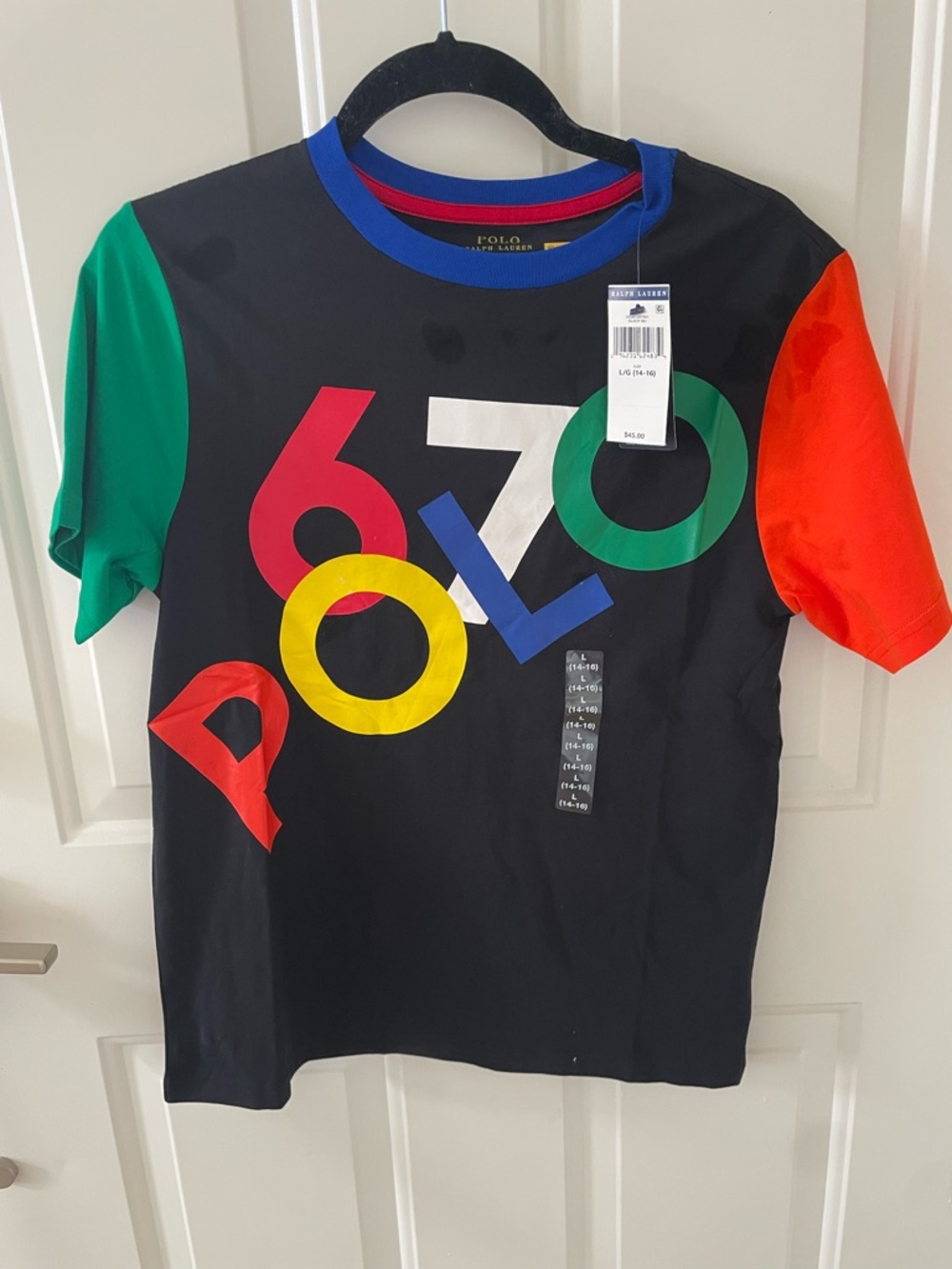 Ralph Lauren Black Tee with Multicolor Graphic and Colorblock Sleeves